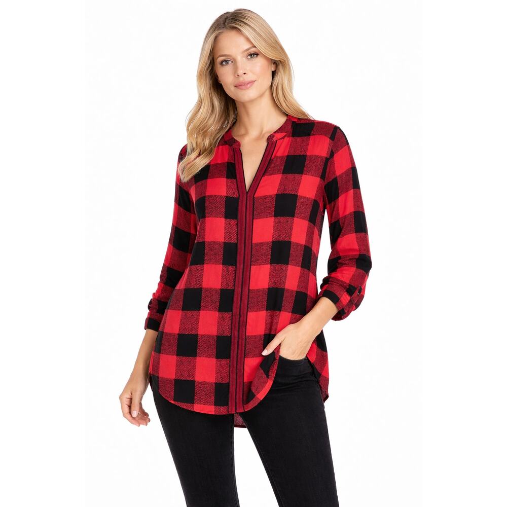 Sandro Red Buffalo Check Silk Tunic Top Size Medium